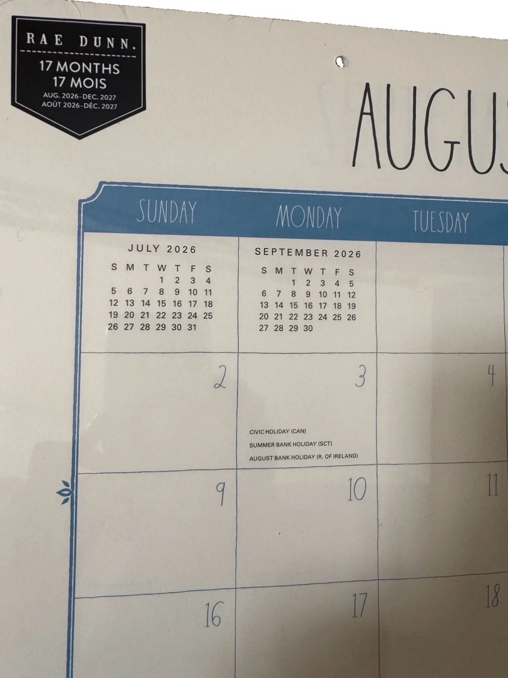 2027 Rae Dunn Desk Blotter Planner Calendar 17 Month August’06-Dec.2027 Blue